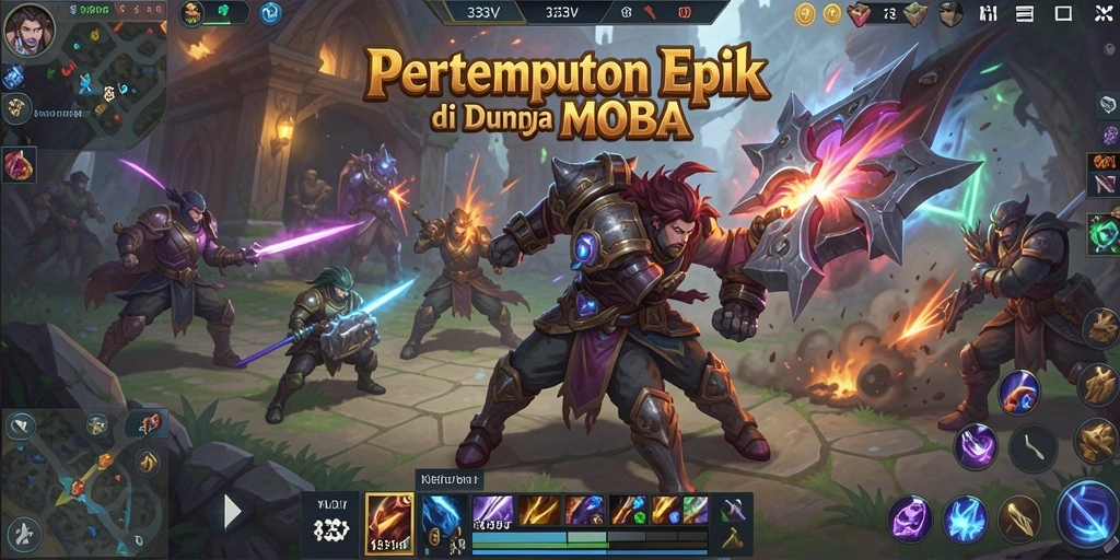 Screenshot dari gameplay MOBA di 333V menunjukkan pertempuran seru antar tim.